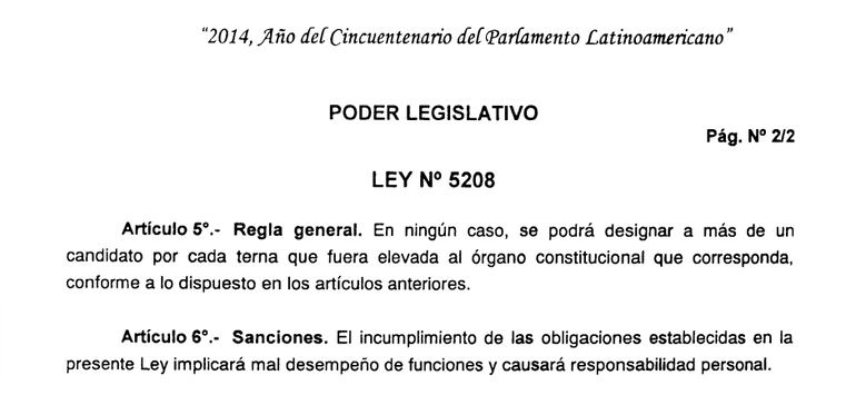 La Ley N°  5208 rige desde 2014 y prohíbe elegir candidatos de una misma terna.