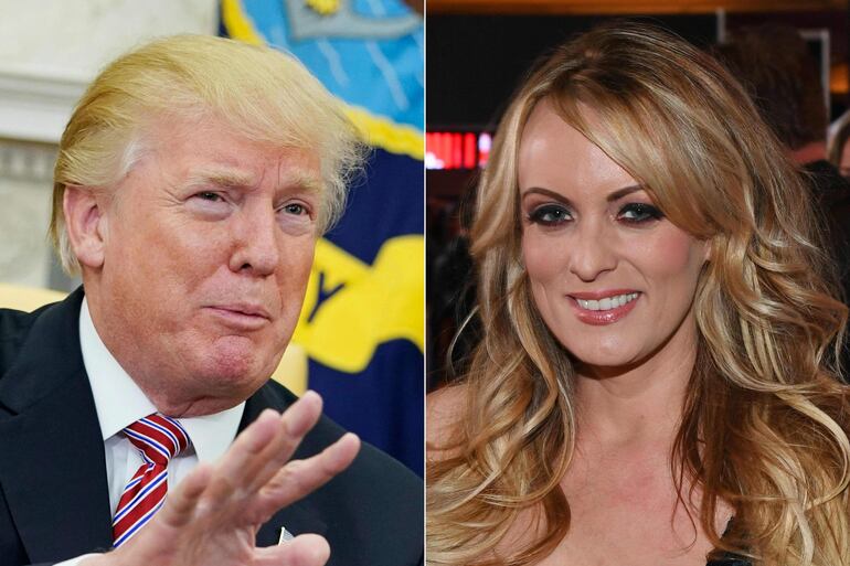 El expresidente de EE.UU., Donald Trump (i) y la actriz Stormy Daniels (d) en una composición de foto.  (AFP)