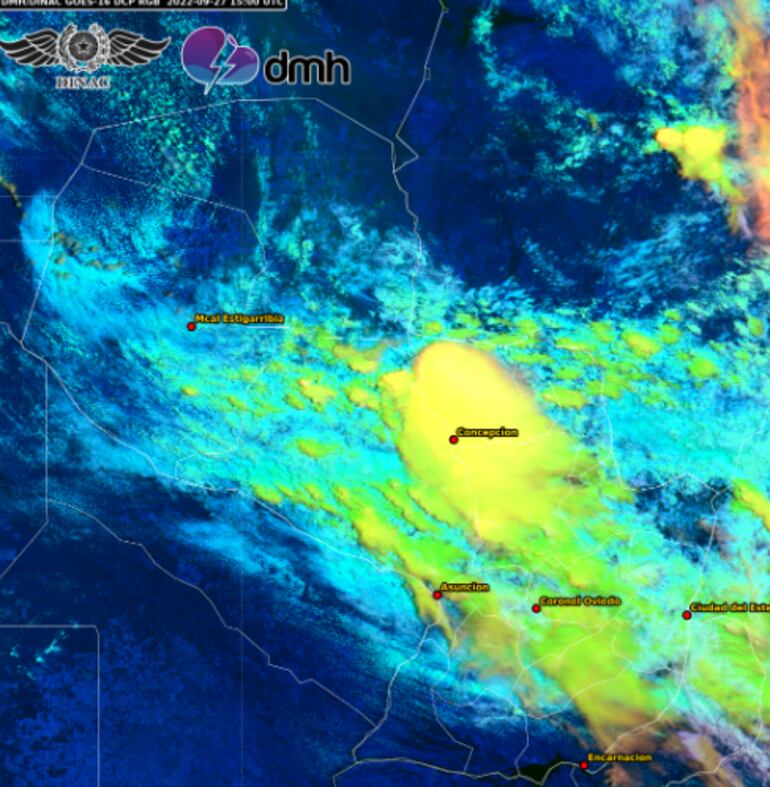 Imagen satelital de la Dirección de Meteorología e Hidrología. Se muestra las posibilidades de tormentas eléctricas para esta tarde. (Fuente DMH).
