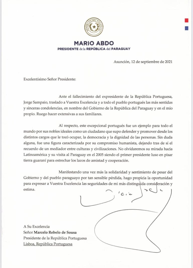 El presidente Mario Abdo  Benítez envió una nota al presidente de la República Portuguesa, Marcelo Rebelo de Sousa, expresando sus sentidas condolencias al pueblo de su país por el fallecimiento del expresidente Jorge Sampaio.