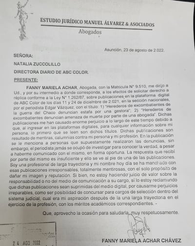 Carta de Fanny Achar