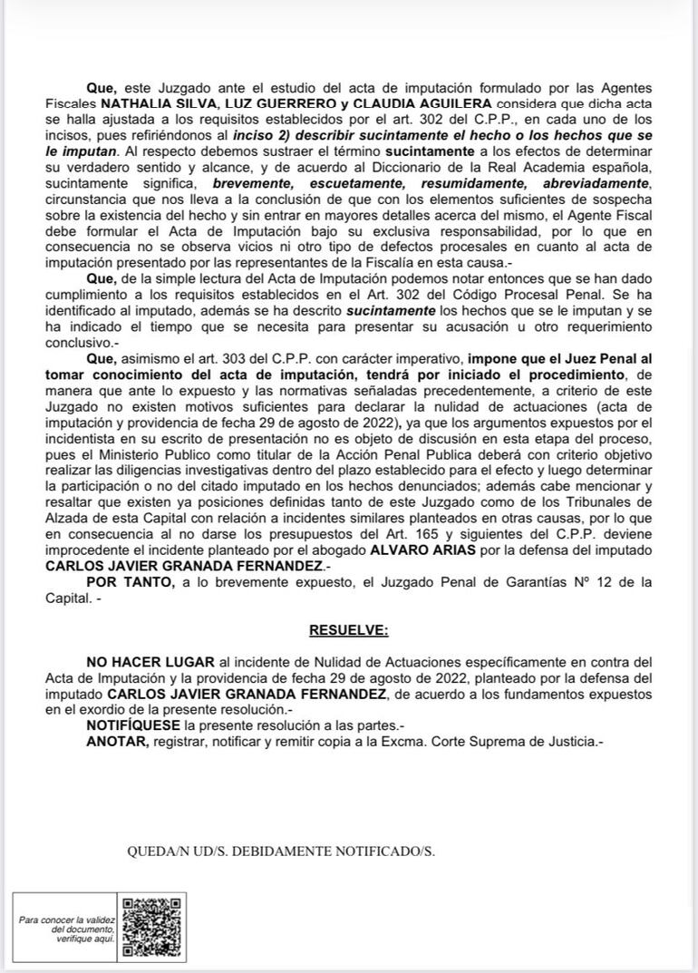 Parte de la resolución judicial que rechaza la nulidad del acta de imputación contra el periodista televisivo Carlos Granada, denunciado por supuesto acoso sexual y violación a comunidadoras. 