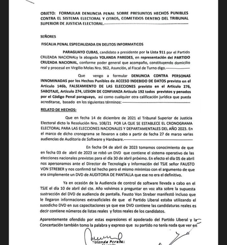 Copia de la denuncia presentada por el partido Cruzada Nacional, ante la fiscalía penal especializada en delitos informáticos.