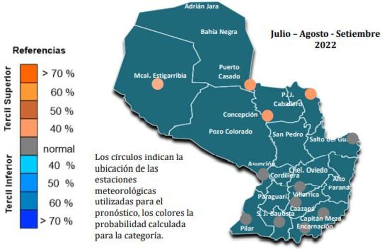 Los puntos grices significan lluvias normales. 