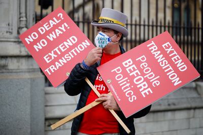 El activista antibrexit Steve Bray vistiendo un equipo de protección personal, se manifiesta frente al Parlamento en Londres.