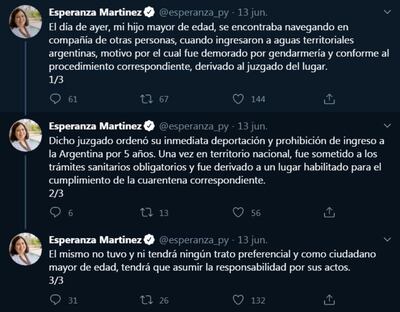 Publicaciones en Twitter hechas por  la congresista, luego de lo ocurrido a su hijo y sus dos amigos  en aguas argentinas.
