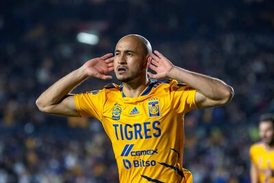 Carlos González de Tigres de UANL festeja una anotación ante Atlético San Luis durante un partido del Torneo Clausura 2022 celebrado en el estadio Universitario de la ciudad de Monterrey (México).