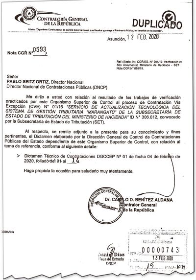 La nota por la cual el contralor le envió su dictamen al director de Contrataciones Públicas.