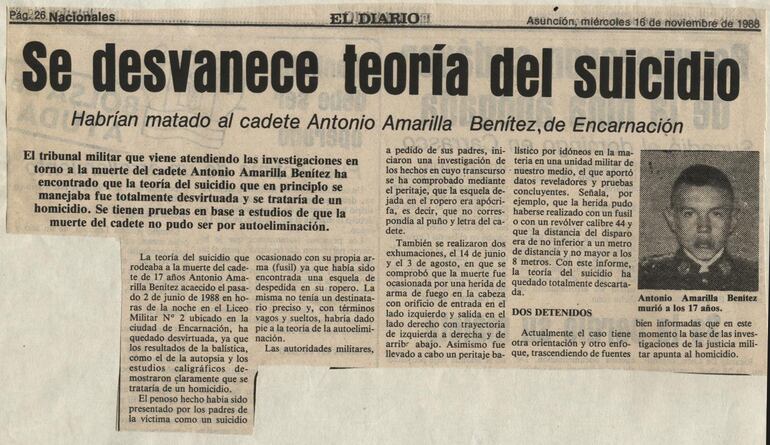 Recortes de la época sobre la muerte del cadete Amarilla.