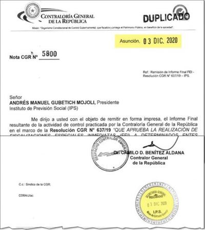 El 3 de diciembre, 19 días antes de emitir el código de contratación, el IPS recibió el informe de la Contraloría.