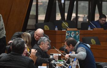 El diputado Jorge Ávalos Mariño (PLRA) y el diputado Eusebio Alvarenga (PLRA) conversan en la sala de sesiones de Diputados.