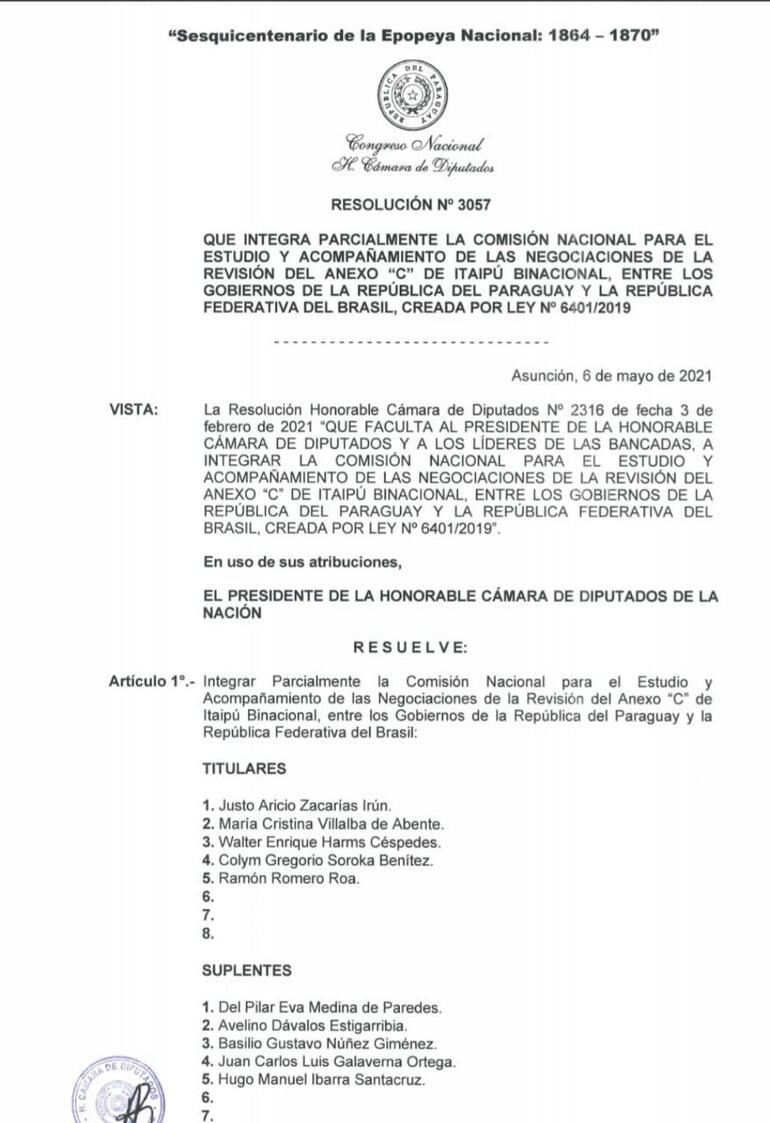 La lista de los diputados titulares y suplentes que integran la recientemente conformada Comisión Nacional.