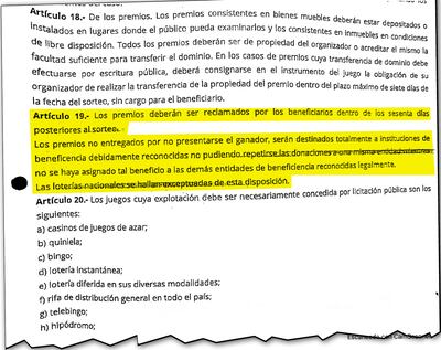 La Ley 1016 establece que los premios no retirados deben ir a entidades benéficas.