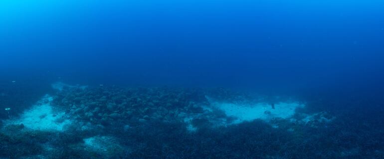 Foto panorámica de una parte del museo submarino en la isla de Alónissos, en el archipiélago de las Espóradas, donde el visitante puede bucear a lo largo del naufragio de un antiguo barco griego.