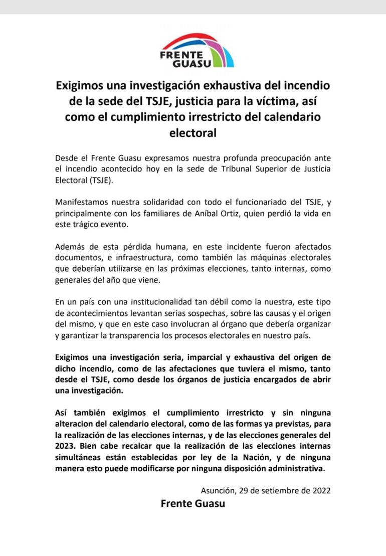 Comunicado del Frente Guasu en contra el desdoblamiento de internas.