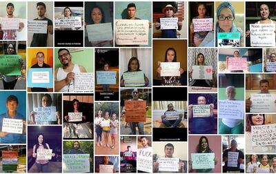 Los pobladores de Arroyito exhibieron carteles de repudio durante la manifestación virtual realizada el domingo último.