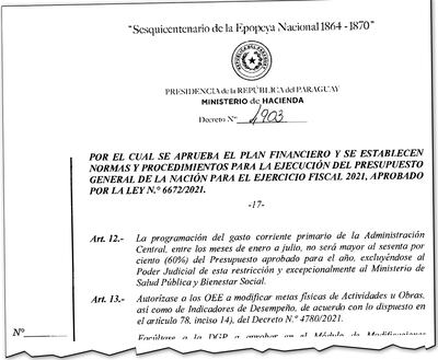 Fragmento del decreto 4903/2021 emitido por el Poder Ejecutivo y que establece los lineamientos para programación de gasto corriente primario (de enero a julio) que no podrá superar el 60% del presupuesto aprobado para el año