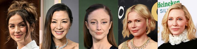 Andrea Riseborough (centro) disputará el Óscar a Mejor Actriz con Ana de Armas, por "Rubia"; Michelle Yeoh por "Todo en todas partes al mismo tiempo"; Michelle Williams por "Los Fabelman" y Cate Blanchett por "Tár".