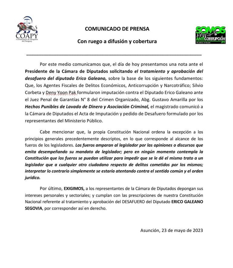 Comunicado de la Coordinadora de Abogados del Paraguay y Somos Anticorrupción.