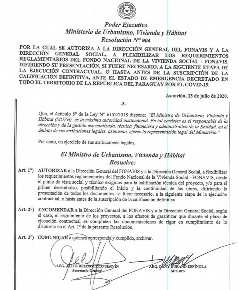 Resolución firmada por el ministro Dany Durand que establece flexibilizaciones para la adjudicación de viviendas y orden de desembolsos, sin establecer los criterios.