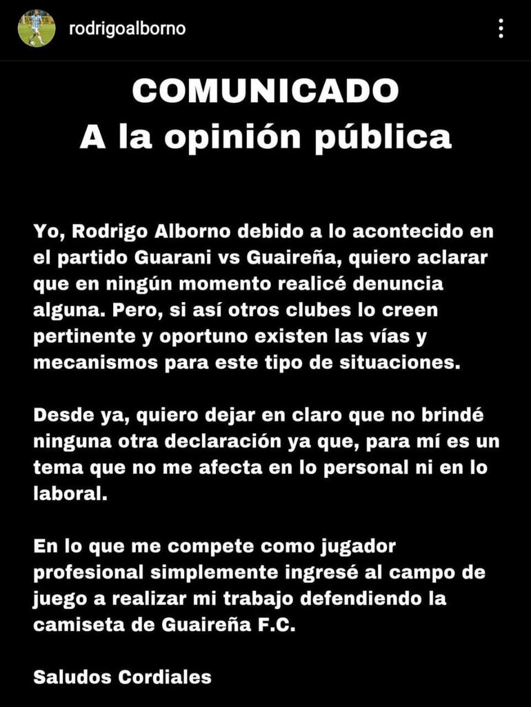 Comunicado de Rodrigo Alborno