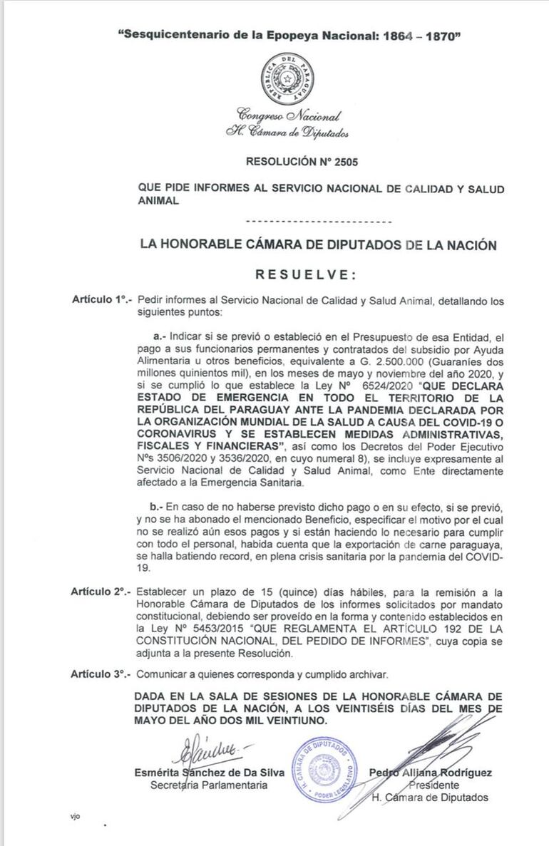 Resolución de la Cámara de Diputados exigiendo pago de subsidio a funcionarios de Senacsa