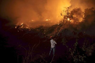 Un voluntario colabora en la extinción de uno de los incendios que afectan al Pantanal.