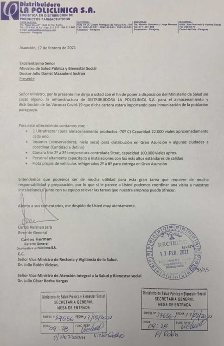 Esta es la nota en la que el sector privado manifiesta a Salud que ponen a disposición su infraestructura para la cadena de frío que requieren las vacunas.