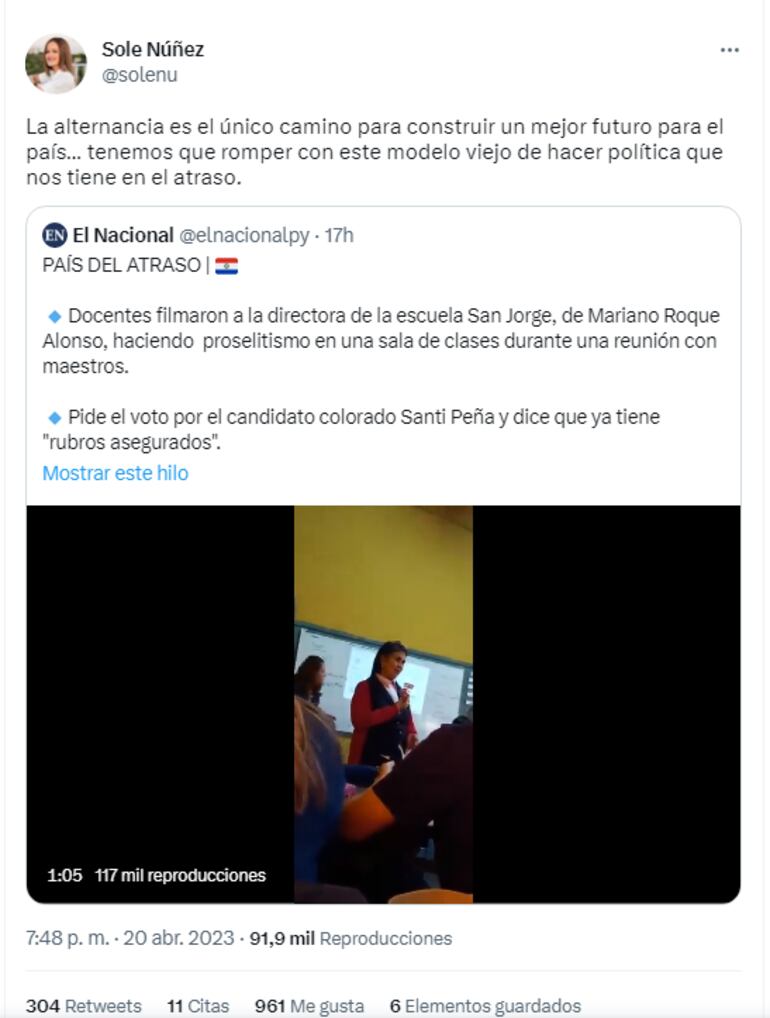 Tweet de Soledad Núñez sobre docente que instó a votar por Santiago Peña.