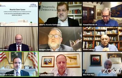 Mauricio Claver-Carone candidato al BID brindó una conferencia ayer, en el foro virtual de Plaza Pública Dende, junto a autoridades locales, referentes y exministros.