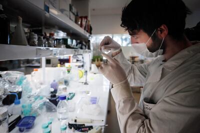El científico Lucas Saposnik de la Universidad de San Martín, de Buenos Aires, trabaja con los nuevos kits de diagnóstico rápido de coronavirus.