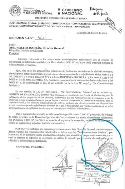 A través de una nota dirigida al jefe de Gabinete del Ministerio de Salud, Asesoría Jurídica comunica que ya existe un informe de evaluación elevado por el comité para recomendar la adjudicación a Insumos Médicos SA (Imedic) y Eurotec.