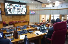 Sala de sesiones del Senado casi vacía, mientra la mayoría participa de manera virtual.