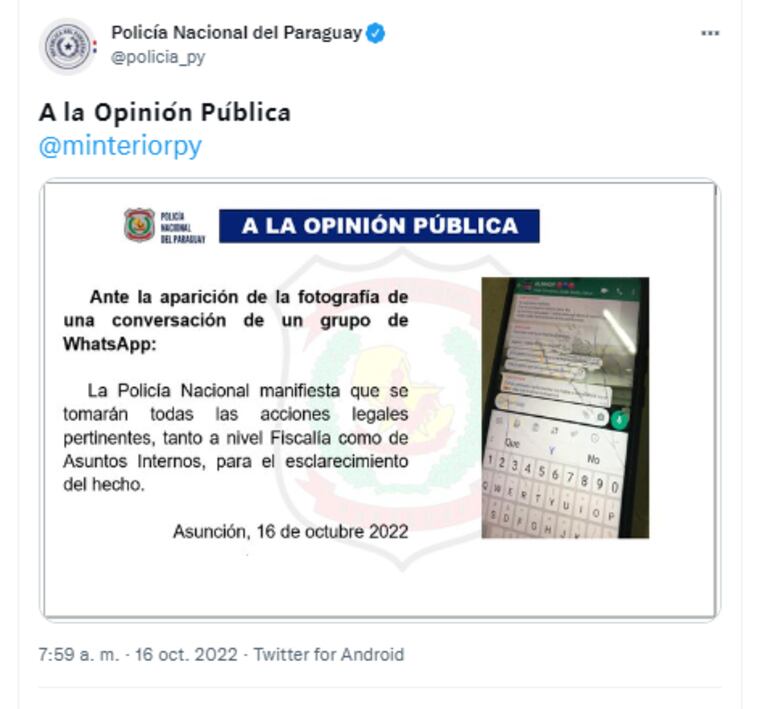 Policía Nacional tomará acciones legales sobre este chat. (fuente Twitter).