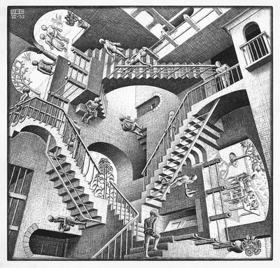 M. C. Escher: Relatividad (litografía, 1953).