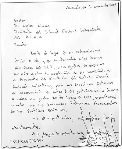 Facsímil de la nota de puño y letra de Alegre anunciando su candidatura a la presidencia liberal.