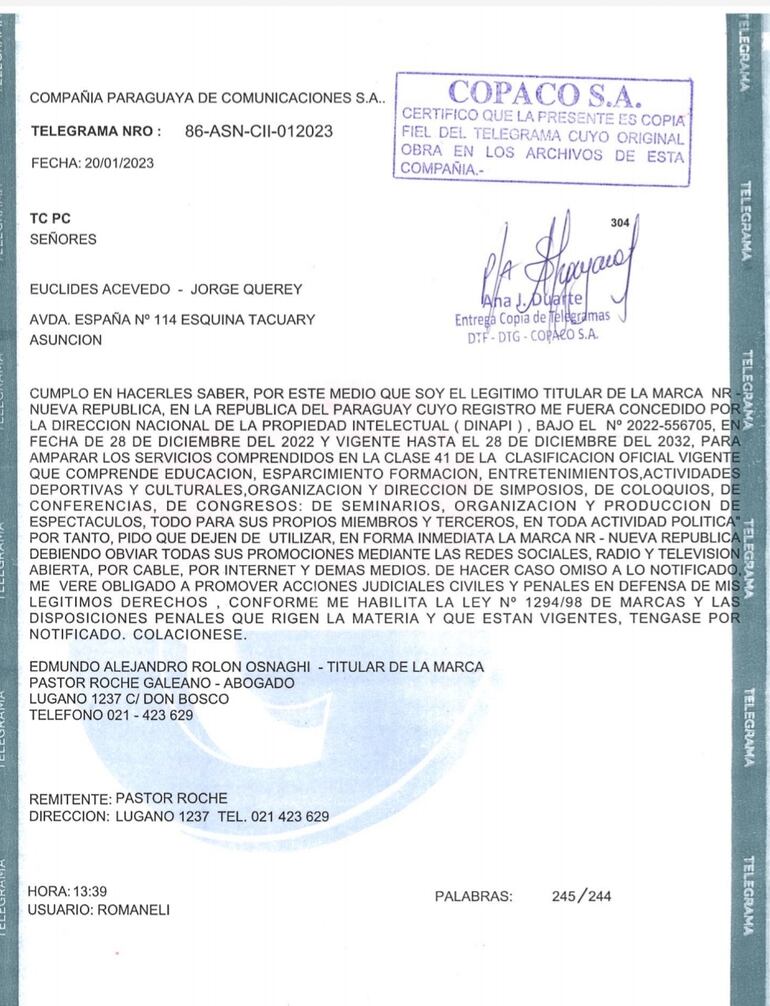 Telegrama colisionado enviado a Euclides Acevedo y Jorge Querey.