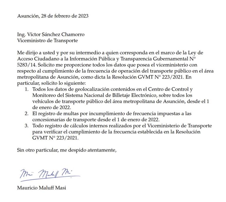 Facsímil del pedido de información pública presentado por Mauricio Maluff al Viceministerio de Transporte. Ante la falta de respuesta, el ciudadano recurrió a la justicia.
