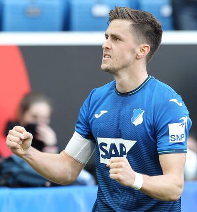 El austriaco Christoph Baumgartner celebra su gol para Hoffenheim ante el Bayern Munich.