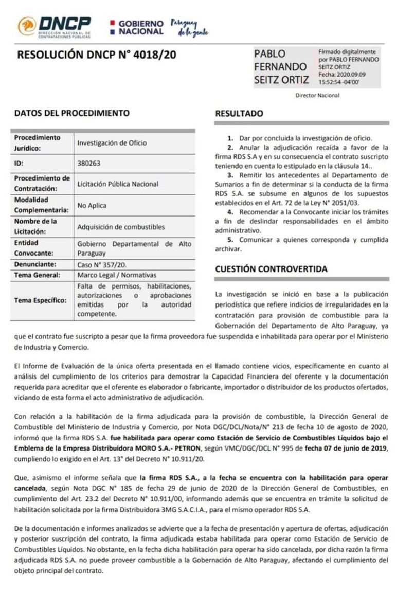Hasta en la compra de combustibles hubo vicios, según la DNCP.