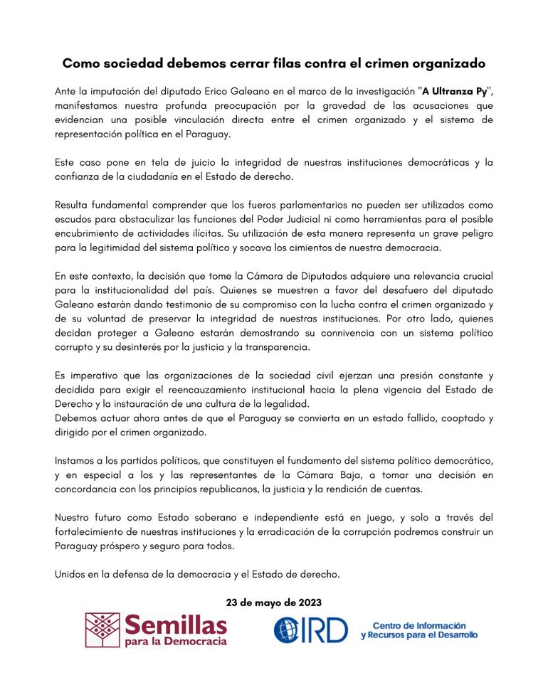 Comunicado del CIRD y Semillas Para la Democracia a favor del desafuero de Erico Galeano.