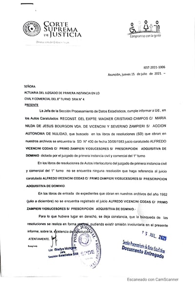 El informe del Poder Judicial que confirma que no existen resoluciones en el caso que se debe resolver.