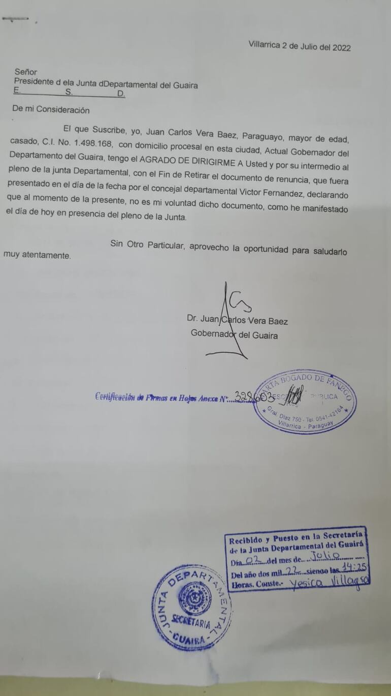 La nota presentada por Juan Carlos Vera en la que manifiesta que solicita el retiro de documento.