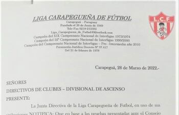 La notificación que remitió el presidente de la Liga Carapegueña, Herni Barrios, a los 12 clubes de las compañías de Carapeguá
