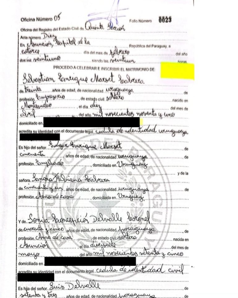 Registro del matrimonio de Sebastián Marset en Paraguay.