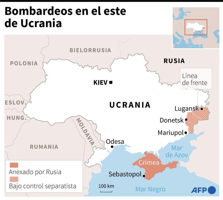 Mapa de Ucrania localizando las regiones bajo control separatista y la línea de frente de alto el fuego - AFP / AFP