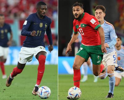 Ousmane Dembelé (i) y Sofiane Boufal, delanteros de las selecciones de Francia y Marruecos, que hoy definirán al segundo finalista del Mundial de Qatar 2022.