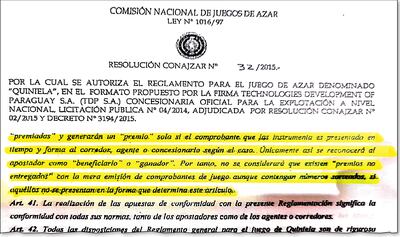 El reglamento  de la quiniela utilizado por la firma TDP para eliminar una figura creada por la ley de juegos de azar.
