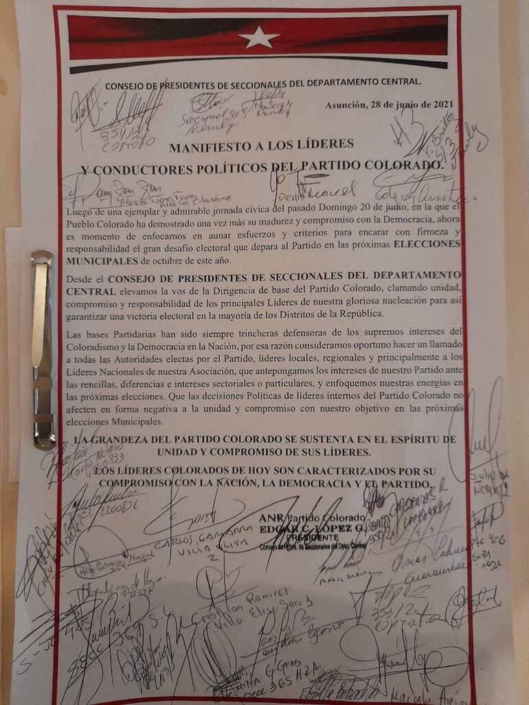 Un pronunciamiento hecho este lunes por el Consejo de Presidentes de Seccionales de la ANR.