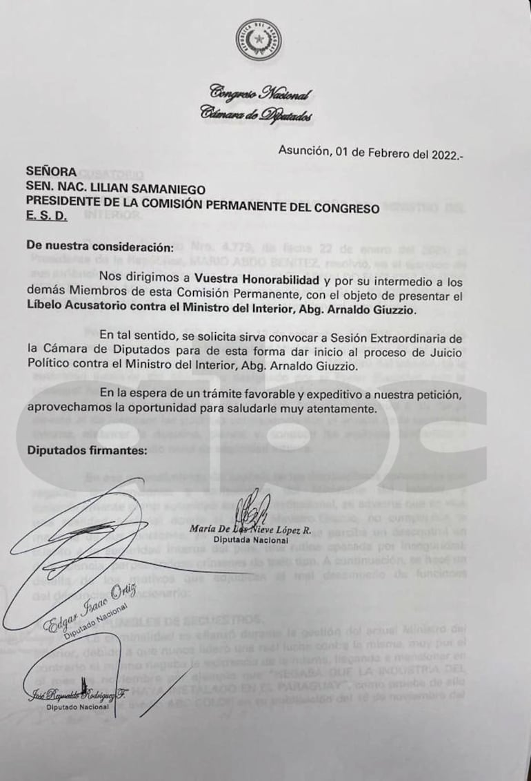 Diputados aliados al cartismo plantean el juicio político a Arnaldo Giuzzio.